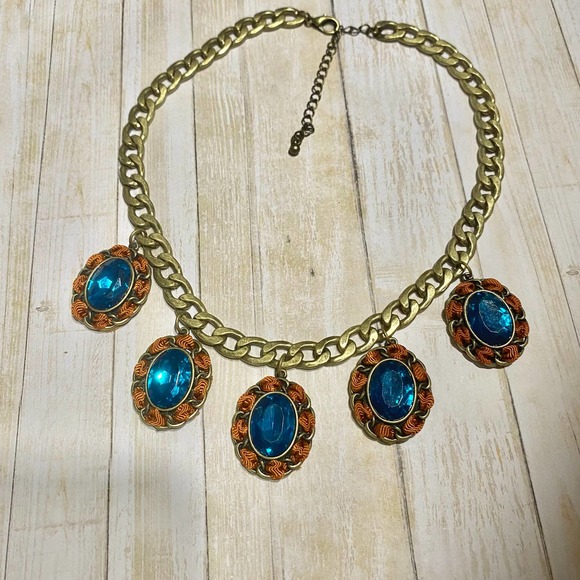 Vintage Chunky Chain Blue Crystal Statement Necklace - Picture 7 of 10